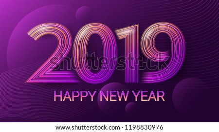 Happy New Year 2019. Celebration. Christmas. Dark ultraviolet background. Vector. Template of postcard, invitation card, web banner. Winter holidays.