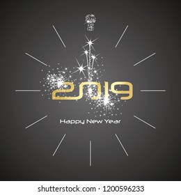 Happy New Year 2019 champagne spark firework clock gold shining numbers black background