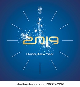 Happy New Year 2019 champagne spark firework clock gold shining numbers blue background