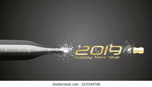 Happy New Year 2019 champagne bubbles firework gold black abstract background