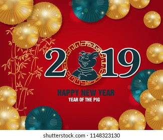 Happy New Year 2019. Chienese New Year, Year of the Pig