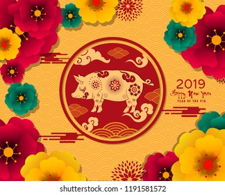 Happy New Year 2019. Chienese New Year and Korea new year, Year of the Pig.