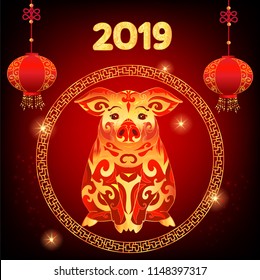 Happy new year 2019, Chinese  lunar calendar. New year of the pig.