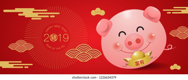 happy new year, 2019, Chinese new year greetings, Year of the pig , fortune,  (Translation: Happy new year/ rich / pig )