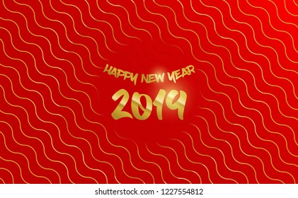 Happy New Year 2019 Chinese style golden bright text. creative wave lines on red background. 