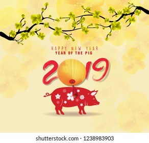 Happy New Year 2019. Chinese New Year, Year of the Pig. Cherry blossom background