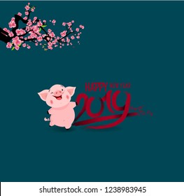 Happy New Year 2019. Chinese New Year, Year of the Pig. Cherry blossom background