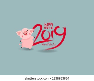 Happy New Year 2019. Chinese New Year, Year of the Pig. Cherry blossom background