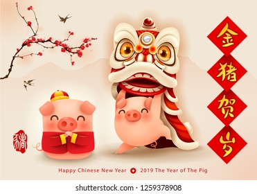 Happy New Year 2019. Chinese New Year. The year of the pig. Translation: Greetings from the golden pig.