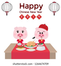 Happy New Year 2019. Chinese New Year. The year of the pig. piggy which are wearing traditional clothe
