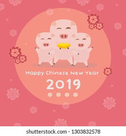 Happy New Year 2019. Chinese New Year. The year of Three pig with Chinese gold.