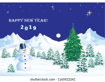 Happy New Year 2019. Christmas tree with a snowman on a background of a winter landscape