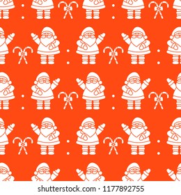 Happy New Year 2019 and Christmas seamless pattern. Vector illustration with Santa Claus, candy canes. Design for wrapping, fabric, print.