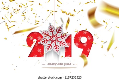 Happy New Year 2019, Christmas card with golden bokeh confetti and snowflake isolated on a white background