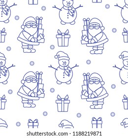 Happy New Year 2019 and Christmas seamless pattern. Vector illustration with Santa Claus, snowman, gifts. Design for wrapping, fabric, print.
