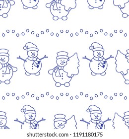 Happy New Year 2019 and Christmas seamless pattern. Vector illustration with snowman and Christmas tree. Design for wrapping, fabric, print.