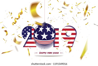 Happy New Year 2019, Christmas greeting card with USA flag and defocused golden confetti