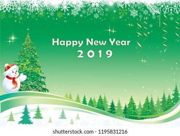 Happy New Year 2019 with a Christmas tree and a snowman. Vector illustration