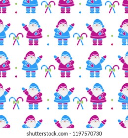 Happy New Year 2019 and Christmas seamless pattern. Vector illustration with Santa Claus, candy canes. Design for wrapping, fabric, print.