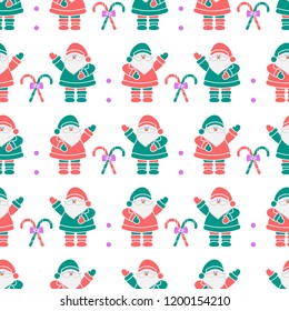 Happy New Year 2019 and Christmas seamless pattern. Vector illustration with Santa Claus, candy canes. Design for wrapping, fabric, print.