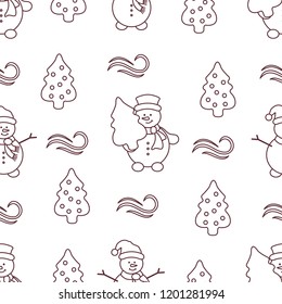 Happy New Year 2019 and Christmas seamless pattern. Vector illustration with snowman and Christmas tree. Design for wrapping, fabric, print.