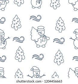 Happy New Year 2019 and Christmas seamless pattern. Vector illustration with snowman and Christmas tree. Design for wrapping, fabric, print.