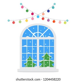 Happy New Year 2019 and Christmas vector illustration. Christmas window with a view of the winter landscape decorated with garlands. Christmas trees, snow.