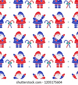 Happy New Year 2019 and Christmas seamless pattern. Vector illustration with Santa Claus, candy canes. Design for wrapping, fabric, print.