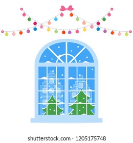 Happy New Year 2019 and Christmas vector illustration. Christmas window with a view of the winter landscape decorated with garlands. Christmas trees, house, snow. 