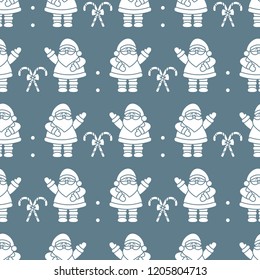 Happy New Year 2019 and Christmas seamless pattern. Vector illustration with Santa Claus, candy canes. Design for wrapping, fabric, print.