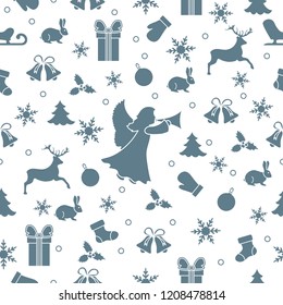 Happy New Year 2019 and Christmas seamless pattern. Winter illustration with angel, mittens, rabbit, sled, gift, snowflakes, deer, bell, Christmas sock, ball, mistletoe, Christmas tree.