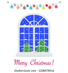 Happy New Year 2019 and Christmas vector illustration. Christmas window with a view of the winter landscape decorated with garlands. Christmas trees, snow.