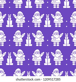 Happy New Year 2019 and Christmas seamless pattern. Vector illustration with Santa Claus, gifts. Design for wrapping, fabric, print.