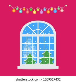 Happy New Year 2019 and Christmas vector illustration. Christmas window with a view of the winter landscape decorated with garlands. Christmas trees, house, snow. 