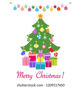 Happy New Year 2019 and Christmas vector illustration. Decorated Christmas tree, gifts, garlands.