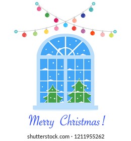 Happy New Year 2019 and Christmas vector illustration. Christmas window with a view of the winter landscape decorated with garlands. Christmas trees, snow.