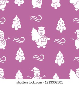 Happy New Year 2019 and Christmas seamless pattern. Vector illustration with snowman and Christmas tree. Design for wrapping, fabric, print.
