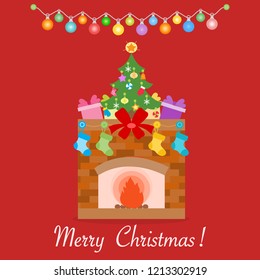 Happy New Year 2019 and Christmas vector illustration. Fireplace, decorated Christmas tree, gifts, Christmas socks, garlands.