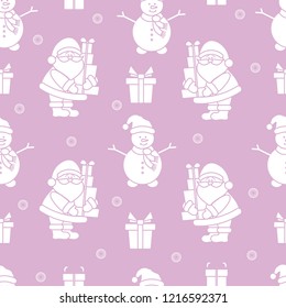 Happy New Year 2019 and Christmas seamless pattern. Vector illustration with Santa Claus, snowman, gifts. Design for wrapping, fabric, print.