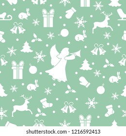 Happy New Year 2019 and Christmas seamless pattern. Winter illustration with angel, mittens, rabbit, sled, gift, snowflakes, deer, bell, Christmas sock, ball, mistletoe, Christmas tree.