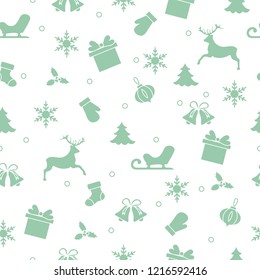 Happy New Year 2019 and Christmas seamless pattern. Winter illustration with mittens, sled, gift, snowflakes, deer, bell, Christmas sock, mistletoe, Christmas tree.