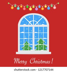 Happy New Year 2019 and Christmas vector illustration. Christmas window with a view of the winter landscape decorated with garlands. Christmas trees, snow.