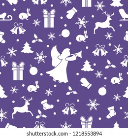 Happy New Year 2019 and Christmas seamless pattern. Winter illustration with angel, mittens, rabbit, sled, gift, snowflakes, deer, bell, Christmas sock, ball, mistletoe, Christmas tree.