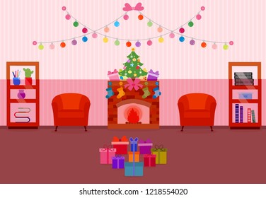 Happy New Year 2019 and Christmas vector illustration with decorated for the holidays room. Living room, garland, tree, gifts, fireplace.