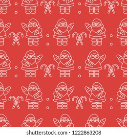 Happy New Year 2019 and Christmas seamless pattern. Vector illustration with Santa Claus, candy canes. Design for wrapping, fabric, print.