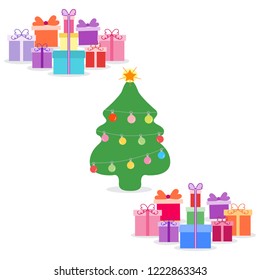 Happy New Year 2019 and Christmas vector illustration. Decorated Christmas tree, gifts.