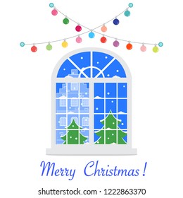 Happy New Year 2019 and Christmas vector illustration. Christmas window with a view of the winter landscape decorated with garlands. Christmas trees, house, snow. 