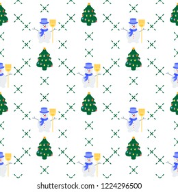Happy New Year 2019 and Christmas vector illustration. Seamless pattern with decorated Christmas tree and snowman in hat with broom.
