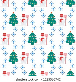 Happy New Year 2019 and Christmas vector illustration. Seamless pattern with decorated Christmas tree and snowman in hat with broom.