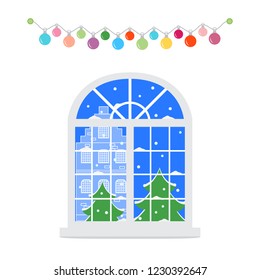 Happy New Year 2019 and Christmas vector illustration. Christmas window with a view of the winter landscape decorated with garlands. Christmas trees, house, snow. 